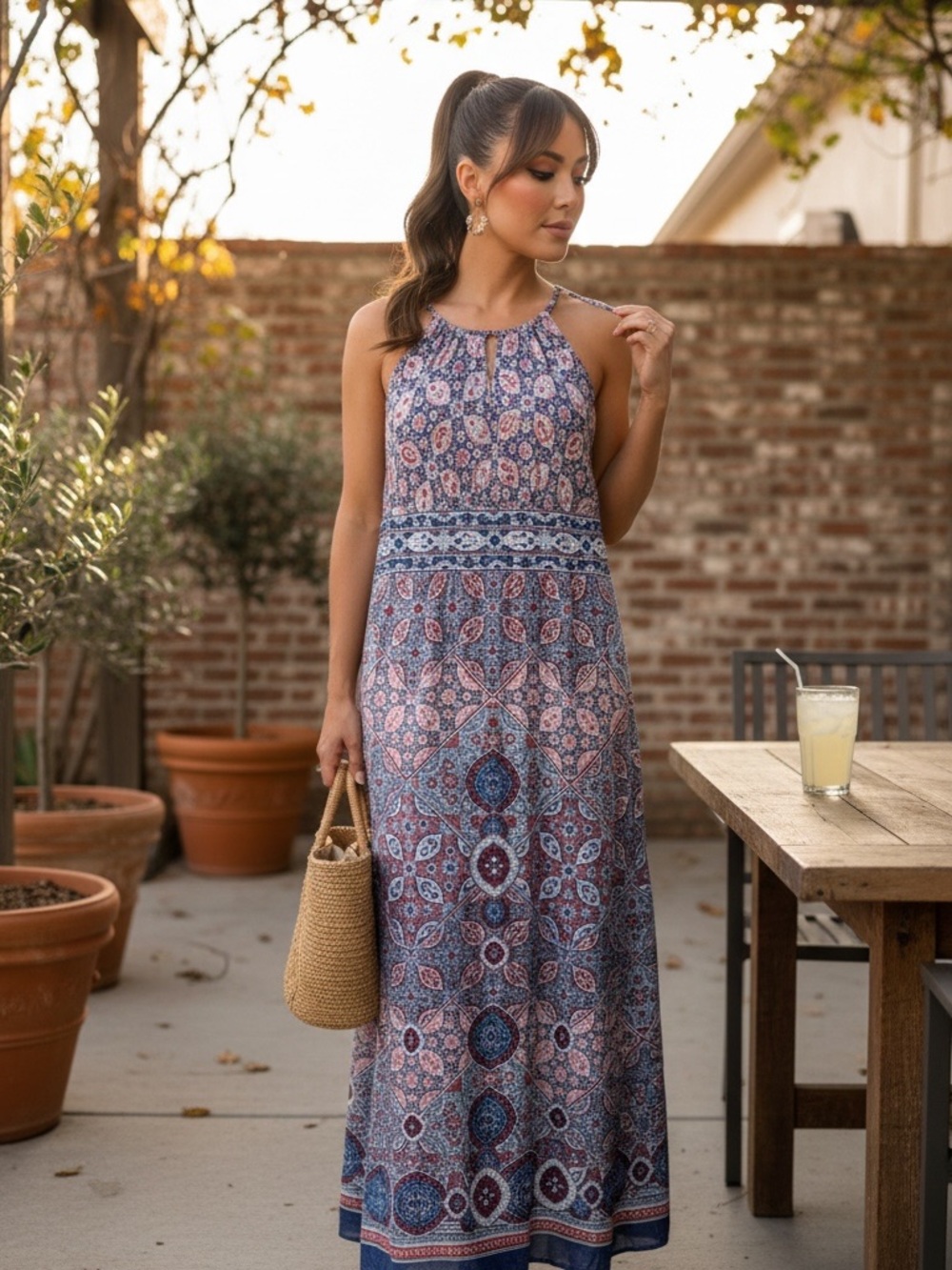 London Times Boho Paisley Maxi Dress Size 8 Sleeveless Keyhole Neck
